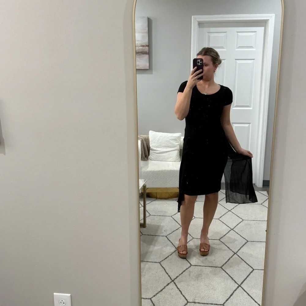 Peruvian Connection Dress Midi Bodycon Short Sleeve Mesh Overlay in Black